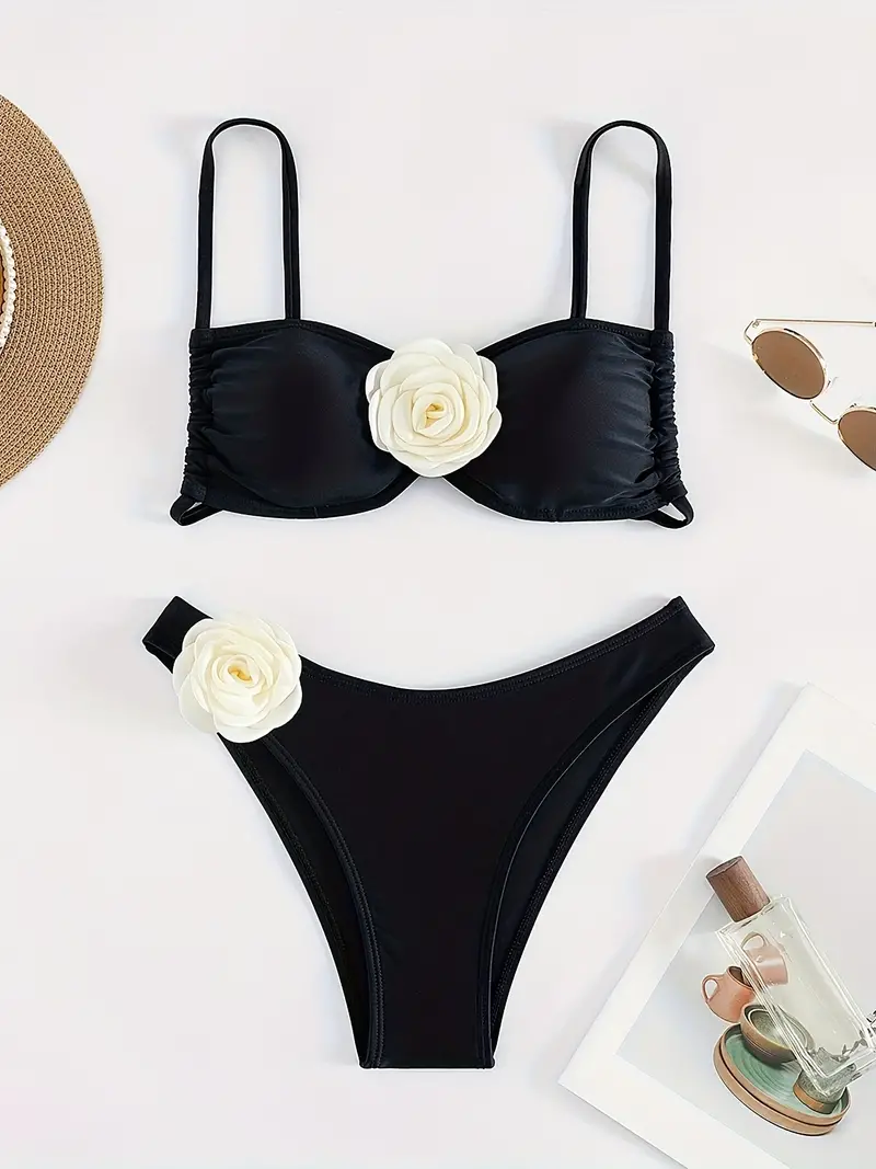 3D Rose Black & White Bikini