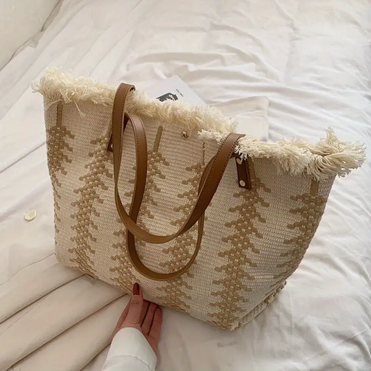 Fringed Large Capacity Straw Tote - Beige