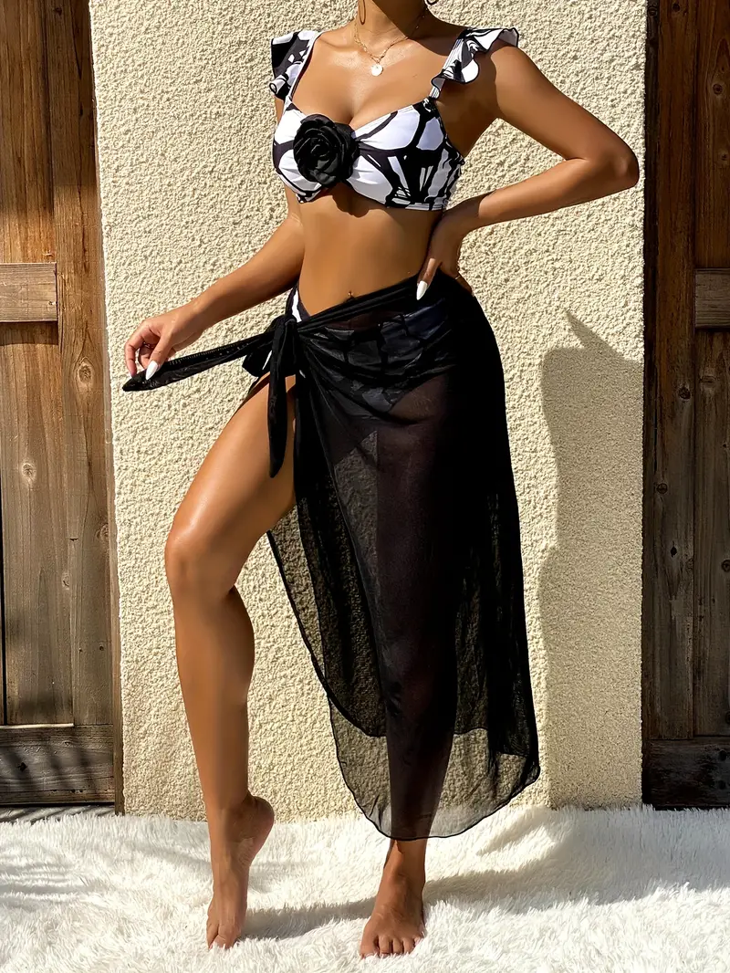 3D Rose 3 Piece High Waist Bikini and Skirt Cover Up